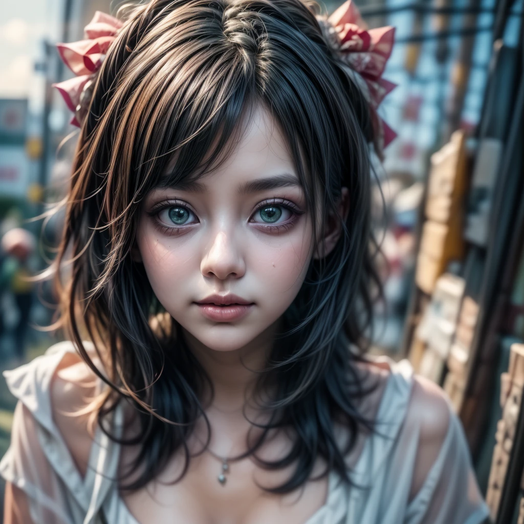 CG K Ultrarealistic ,((premium、8k、32K、masterpiece、NffSW:1.3)), (superfine illustration)、(super high resolution), (((adult body))), (masterpiece, Best Quality:1.2),a beautiful girl，Skin details processing.....，The eyes are finely described.....，delicate hair，long wavy hair，long light hair，She has a big bow on her head....，Modern clothing ,violet rose, yellow and green，clean background