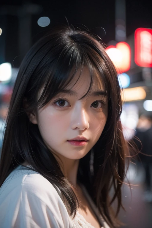 1girl, Tokyo street,night, cityscape,city lights, upper body,close-up, 8k, RAW photo, best quality, masterpiece,realistic, photo-realistic,