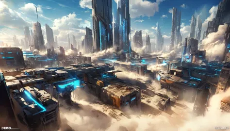 scenery of a ruined cyberpunk city, derbis and clouds of dust everywhere, blue hue, sci-fi