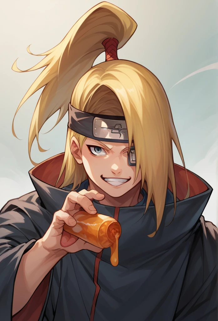 score_9, score_8_superior, score_7_superior, sauce_anime, One girl, alone, Deidara, Hair on one eye, Long Hair, ponytail, Black headband, Forehead protector, Sticking out tongue,Grin,dynamic pose, 