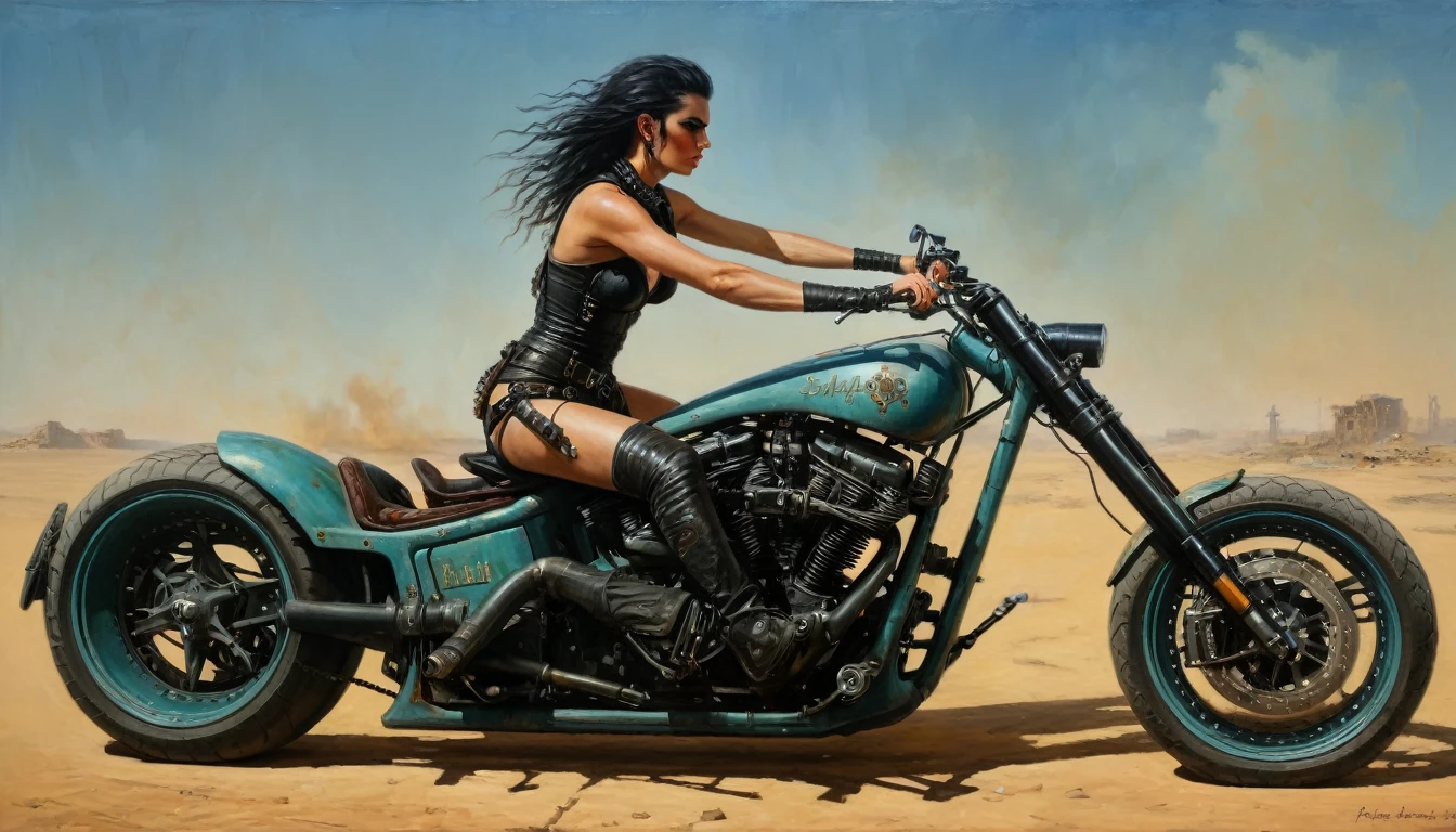 A vivid and detailed description of a dystopian sci-fi landscape with a huge, destroyed vertical metropolis. Mad Max post-apocalyptic punk bike, master painting in the style of Gerald Brom, oil on canvas Stalker girl on a Triumph Bonneville T100 motorcycle.