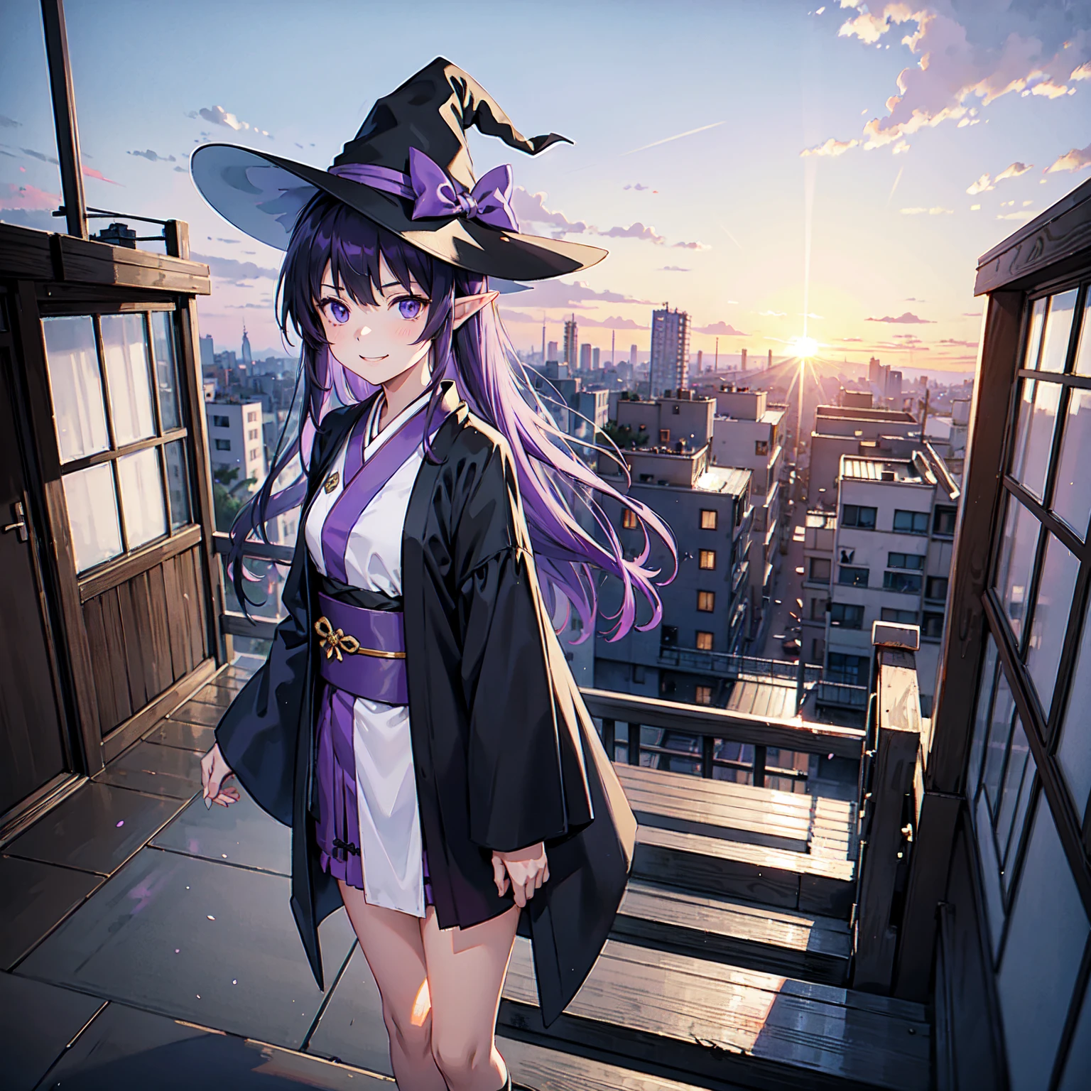 A girl with long violet-purple hair. Pointy elf ears. Her clothes are simple: a black robe with wide sleeves and a black miniskirt. Her knees are showing. The front has a V-shaped white insert like a kimono. A big smile. A witch's hat with purple ribbons on either side. Gentle face. Background, bright painting, Makoto Shinkai, floating apartment, floating in air, abandoned apartment complex above clouds, empty stairs, illustration, nostalgic, vivid, background only, bright, fresh, stairs, sunset.