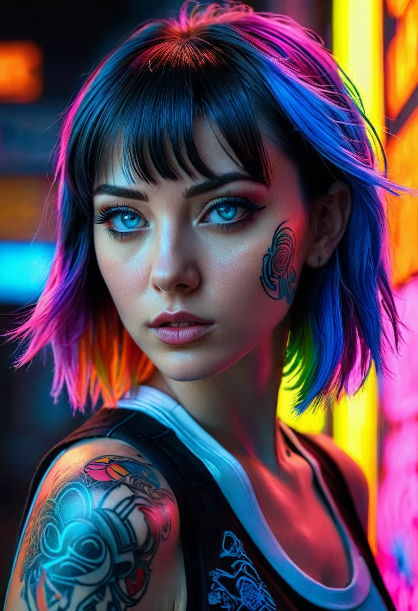 hyper-detailed portrait of a girl, profile, overhead shot, low head, cyberpunk, tattoos, perfect blue eyes, direct gaze, bright colors, very high contrast, side lighting, hair straight half-length hair, straight bangs, hair covers half the face, background with neon graffiti, hyper-realistic, 4K, half body portrait, cinematic, movie still, captured in the style of Sony Alpha A7 III camera