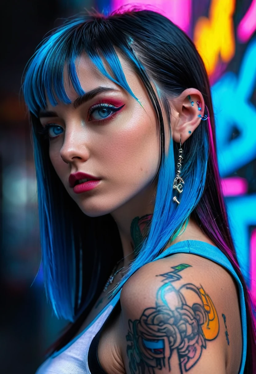 hyper-detailed portrait of a girl, profile, overhead shot, low head, cyberpunk, tattoos, perfect blue eyes, direct gaze, bright colors, very high contrast, side lighting, hair straight half-length hair, straight bangs, hair covers half the face, background with neon graffiti, hyper-realistic, 4K, half body portrait, cinematic, movie still, captured in the style of Sony Alpha A7 III camera