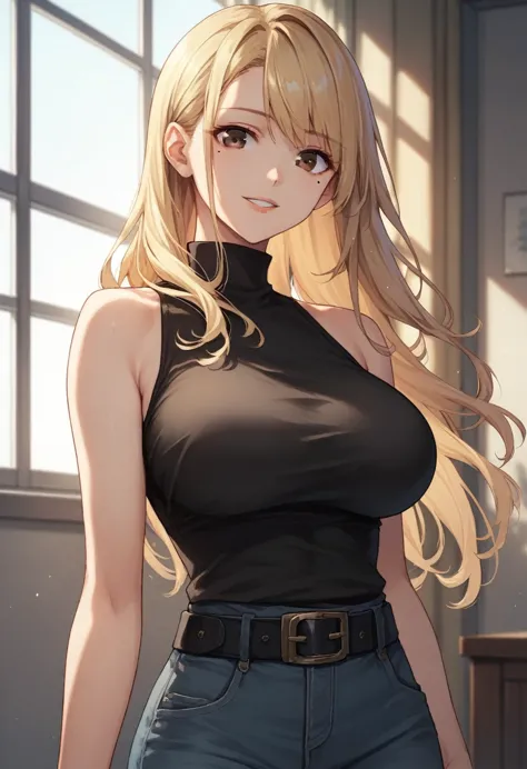 tsukumo yuki 1girl,solo,long hair,breasts,looking at viewer,smile,blonde hair,large breasts,shirt,brown eyes,bare shoulders,brow...