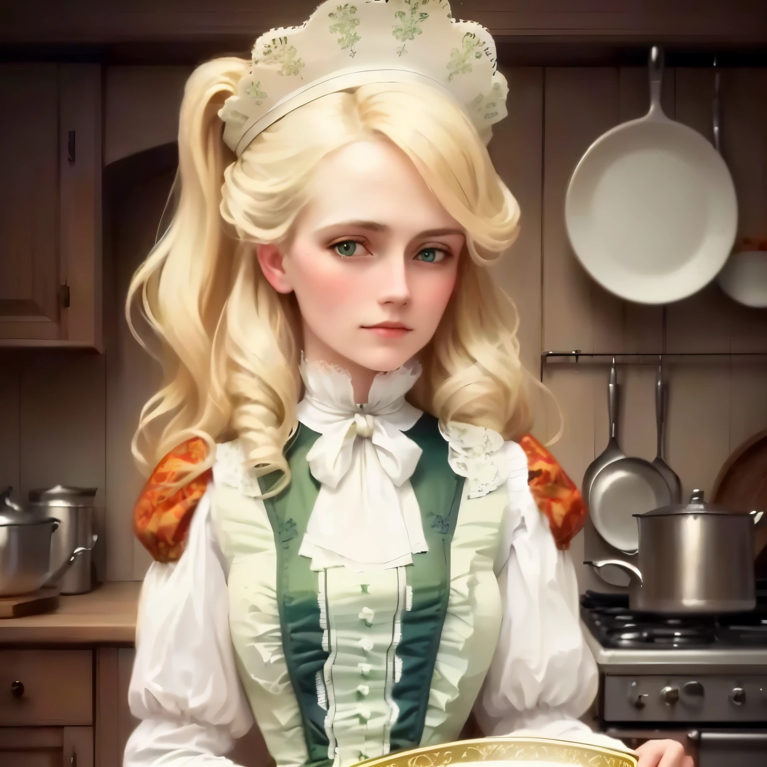 there is Lady Georgie Gerald, 1887, blond hair, green eyes. Victorian style.that is standing in a kitchen with a plate,