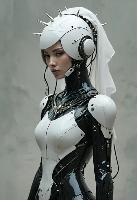 front view of a dark priestess holy cyborg necromancer girl wearing a white veil with a tiara and spiky crown on her head, symme...