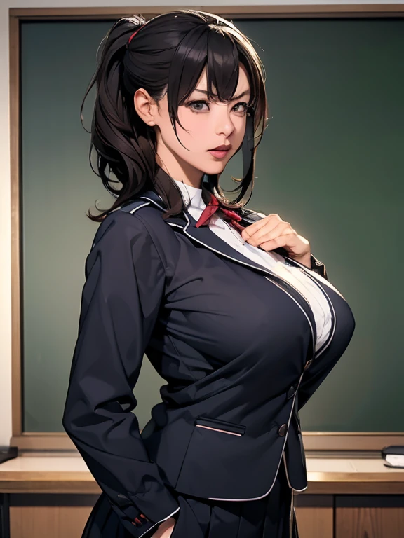 around 30 years old, big breasts, a woman posing in front of a blackboard　 angry face, jk uniform, seifuku, girl wearing uniform, japanese model, uniform, the blouse you&#39;re wearing, japanese school uniform