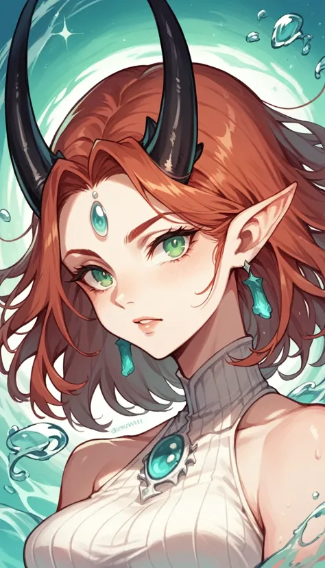 a beautiful woman with auburn hair and aquamarine-green eyes. she has pointed ears and one small jet black horn in the middle of...