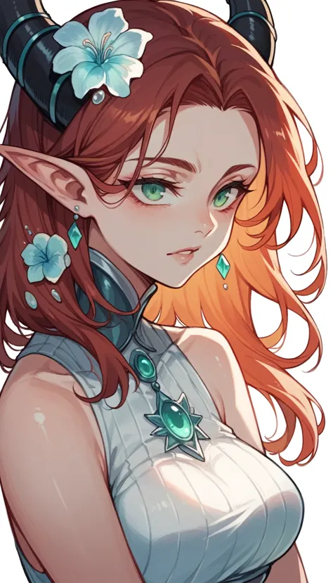 a beautiful woman with auburn hair and aquamarine-green eyes. she has pointed ears and one small jet black horn in the middle of...