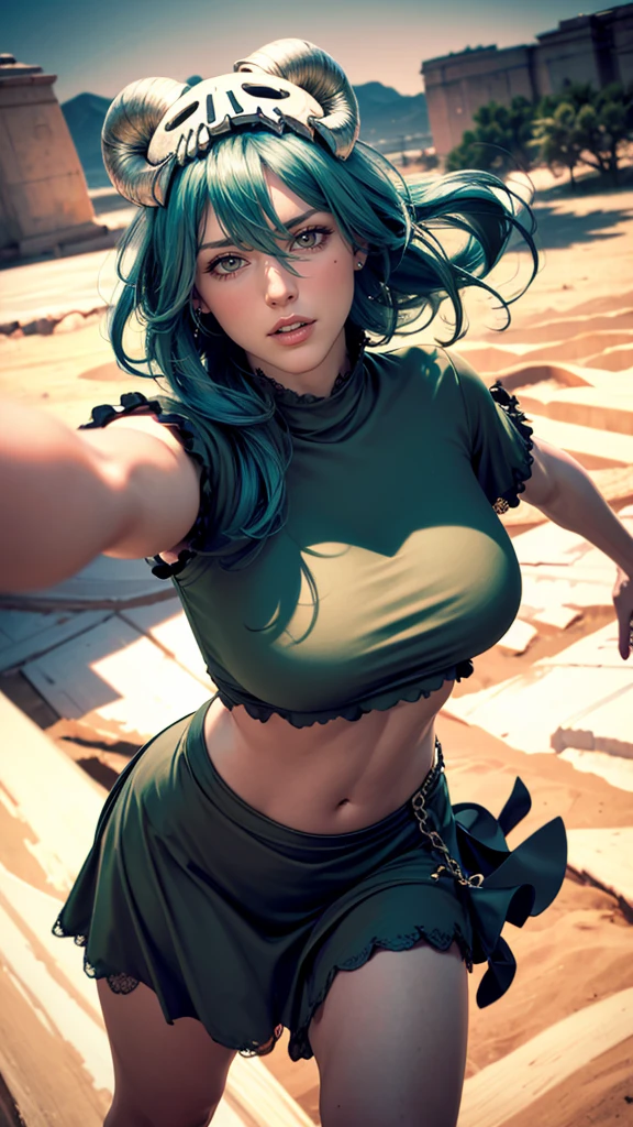 （（（Perfect figure，figure，odelschwanck，green clothes，（（（In the, long hair, facial mark, hair between eyes,  skull,skirt，yellow eyes，underboob,）））型figure:1.7））），((masterpiece)),high resolution, ((Best quality at best))，masterpiece，quality，Best quality，（（（ Exquisite facial features，looking at the audience,There is light in the eyes，Happy，Lol））），（（（Interlacing of light and shadow，huge boobs））），（（（looking into camera，desert background，Exaggerated perspective , ultra wide shot,blurry hand foreground）））