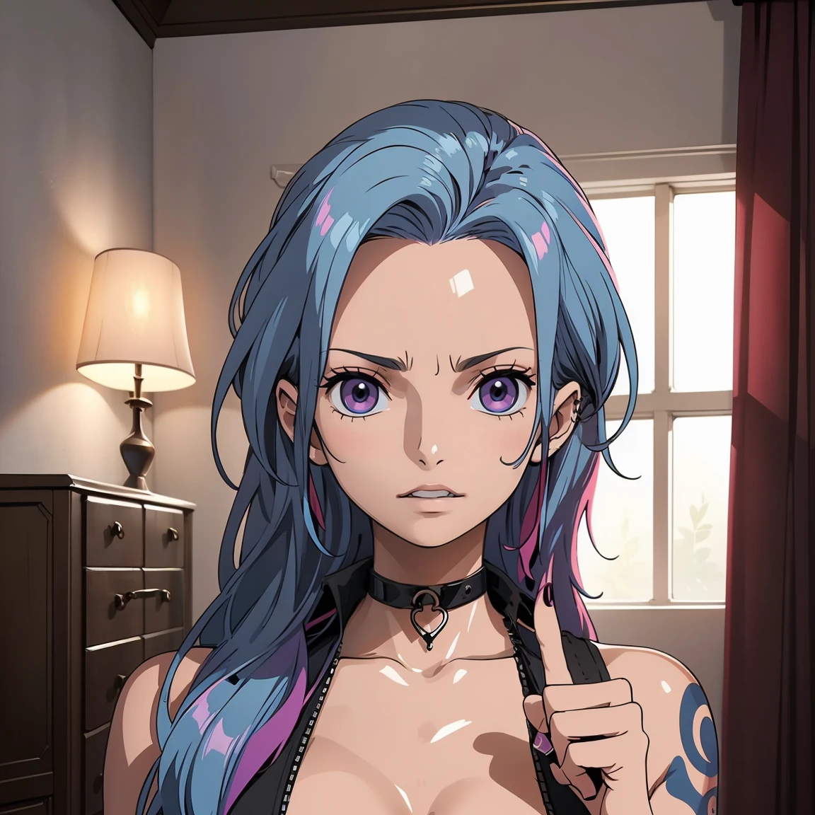 score_9, score_8_up, score_7_up, score_6_up, 1girl, (score_9, score_8_up:1.1), score_7_up,
 Long hair, side cut , light blue hair, black roots hair, purple colored hair tips, asymmetrical hair, piercing, red lipgloss, full body tattoos, pierced nipples, small breasts, big nipples, almost flat chest, fit body,  full naked, bedroom, punk attire, posing, dark light, face closeup, middle finger gesture