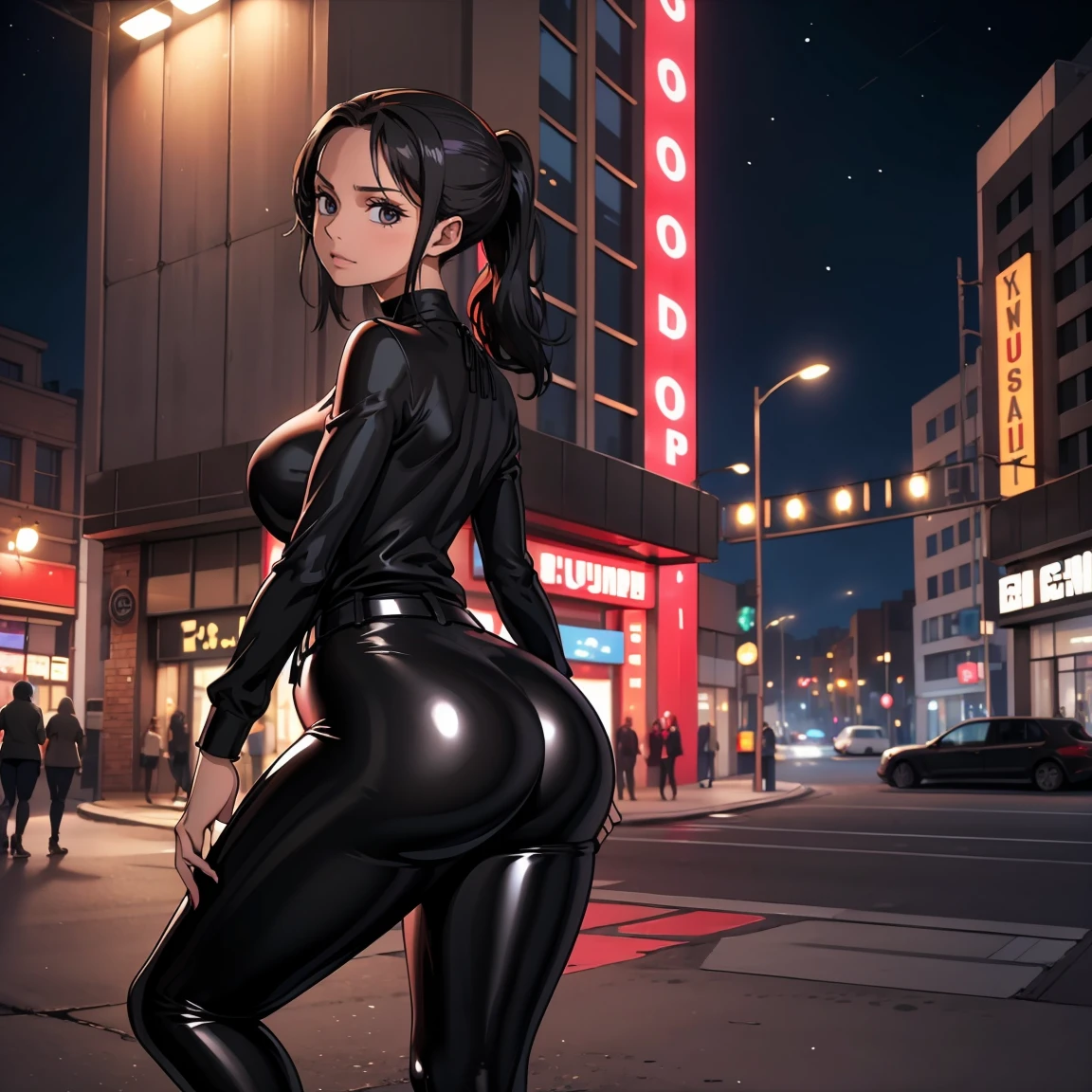 Young Girl,with a very beautiful appearance,Medium breasts, god, Juicy frogs, Juicy ass,black hair tied into a high ponytail with a black elastic band,white eyes,With a rude look,wearing a sexy black turtleneck,black sexy leggings,black gucci belt, High Black Shoes,black choker on the neck, posing attractively,Makes Achegao,Drooling, Located in the city at night