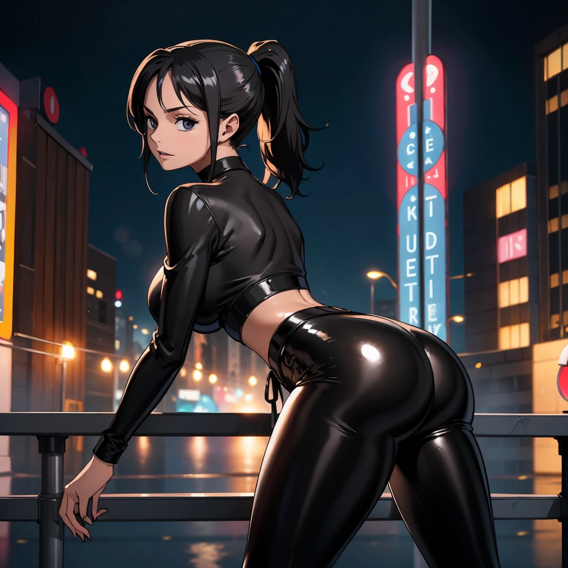 Young Girl,with a very beautiful appearance,Medium breasts, god, Juicy frogs, Juicy ass,black hair tied into a high ponytail with a black elastic band,white eyes,With a rude look,wearing a sexy black turtleneck,black sexy leggings,black gucci belt, High Black Shoes,black choker on the neck, posing attractively,Makes Achegao,Drooling, Located in the city at night