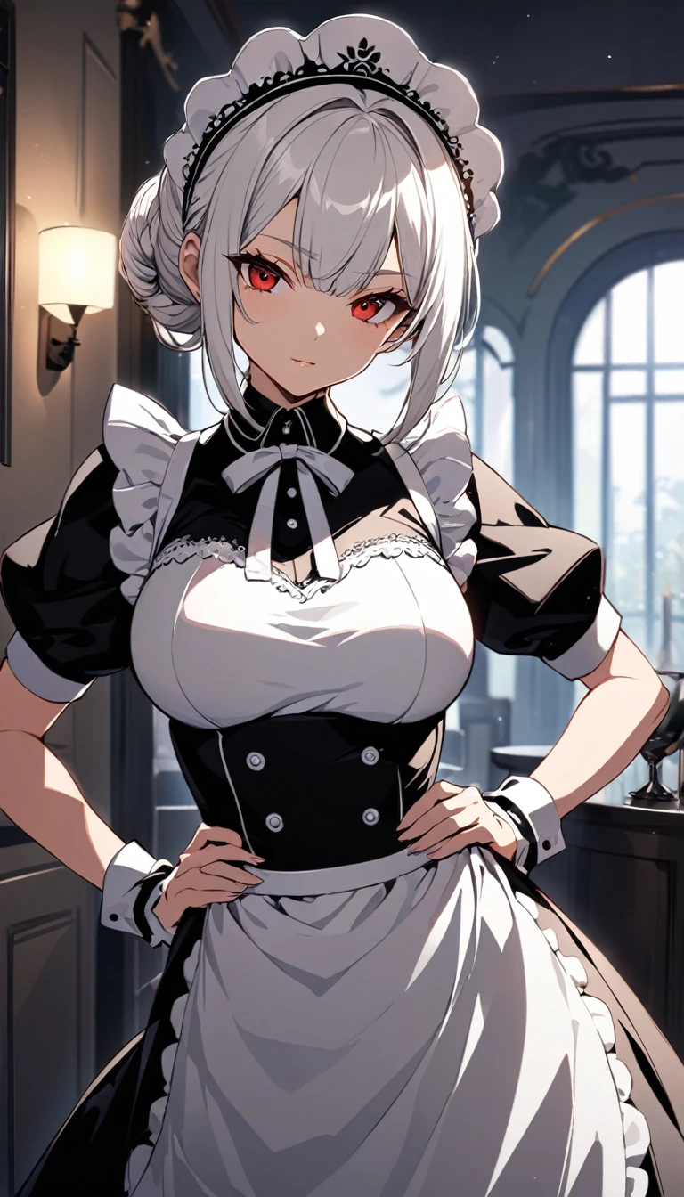 "Beautiful anime-style maid with red eyes and white hair in a hime cut hairstyle. She is wearing a detailed and elegant maid outfit, with a form-fitting black and white dress, lace trim, and a headpiece. The maid has a confident and seductive expression, standing in a modern, softly lit interior, with her hands slightly on her hips, showing off her curvaceous figure. The background is blurred to focus on the character. The lighting highlights her smooth skin and the intricate details of her maid uniform."

