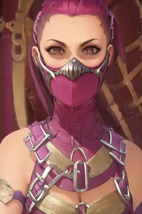 absurdres, mileena, pink mouth mask, portrait