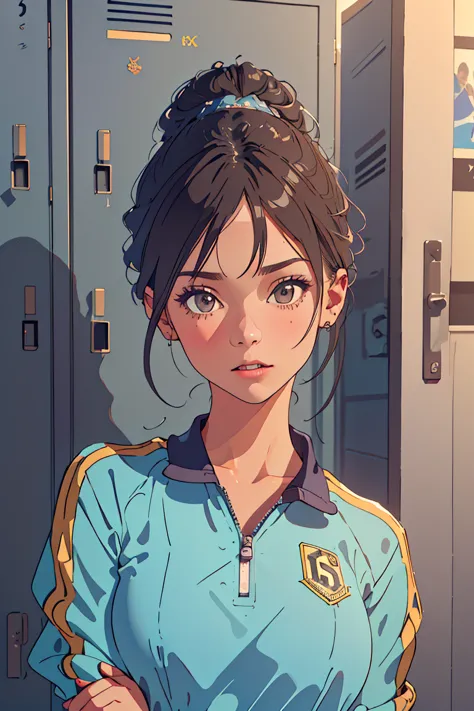 locker room,track suit,(thin type:1.5),(large breasts),(random hairstyle),(highest image quality,(8k), ultra-realistic, best qua...