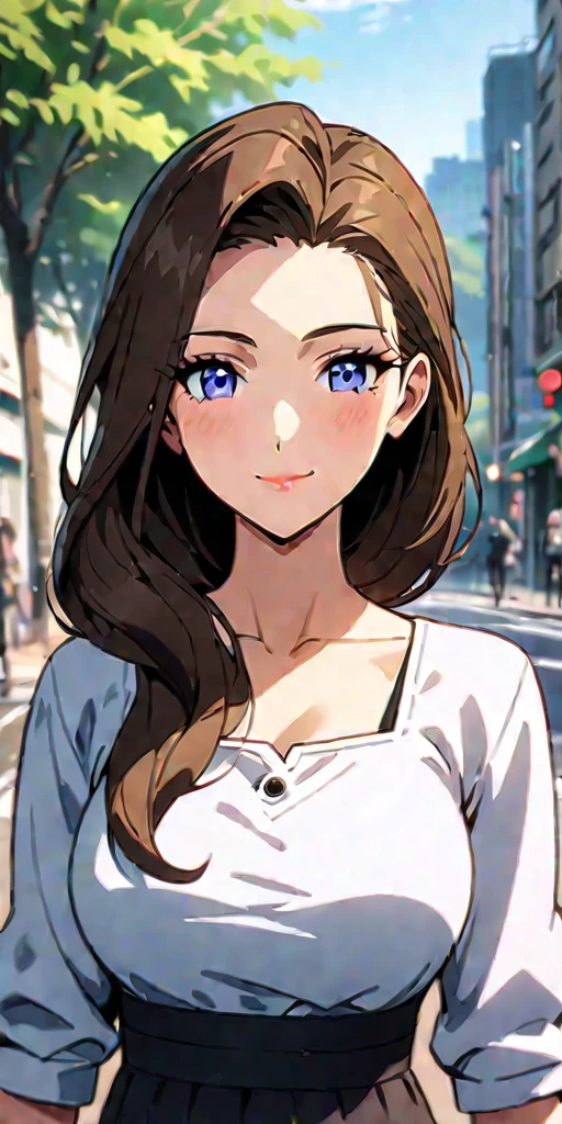 ((Highest quality、masterpiece、anime style、best quality、high resolution、8k、detailed、ultra-detailed:1.3))、Long legs:1.2, Beautiful woman with perfect figure:1.4、(Smiling:1.2), double eyelid、30-year-old female、((((One Woman,beautiful face,Beautiful face、Outdoor,upper body:1.5)))),Big Breasts、High resolution, accurate, Anatomically correct, High-resolution model, high quality, Very detailed, Ultra high definition