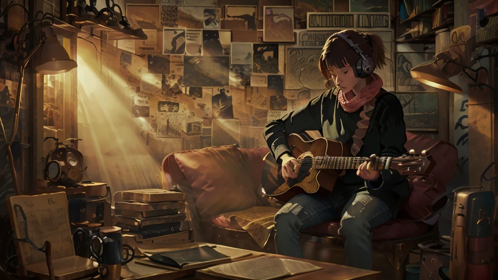 Imagine a cozy, dimly lit garage turned into a personal rock sanctuary. The walls are adorned with vintage band posters, and a string of warm, Edison bulbs casts a soft glow over the scene. In the center, a guitarist sits on a worn leather couch, casually strumming an electric guitar with a lo-fi beat playing softly in the background. 

Nearby, a small record player spins a vinyl, adding a nostalgic crackle to the mix. A few scattered guitar pedals lie on the floor, along with a stack of old records and an empty coffee cup. The vibe is laid-back and intimate, blending the raw energy of rock with the calming essence of lo-fi. 

Outside, the rain taps gently on the windows, syncing with the mellow guitar riffs. This scene perfectly captures the fusion of rock and lo-fi, inviting viewers into a space where music and relaxation coexist in perfect harmony.