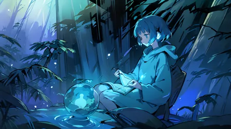 in a mystical forest glowing with bioluminescent plants and floating orbs, a hooded figure sits on a mossy rock, reading a glowi...