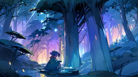 imagine a magical, fantasy-themed scene for your lo-fi youtube channel. the setting is a mystical forest, bathed in the soft glo...