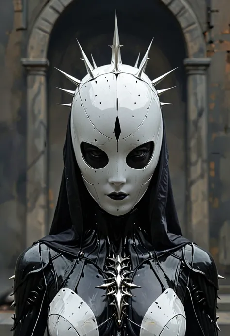 front view of a dark priestess holy cyborg necromancer girl wearing a white veil with a tiara and spiky crown on her head, symme...