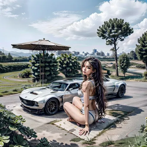 young blue-eyed brunette mechanic girl in her 20s, athletic body, long curly hair clear detailed image. landscape in the country...