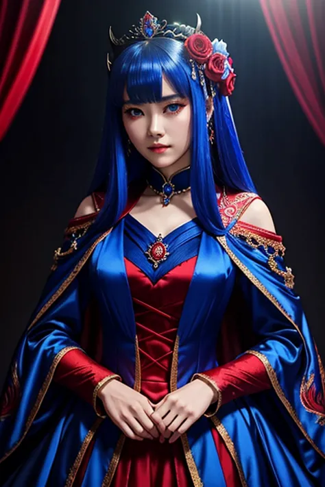 empress of the demon world、young and beautiful、a gorgeous blue and crimson outfit、a mysterious light shines in the darkness、surr...