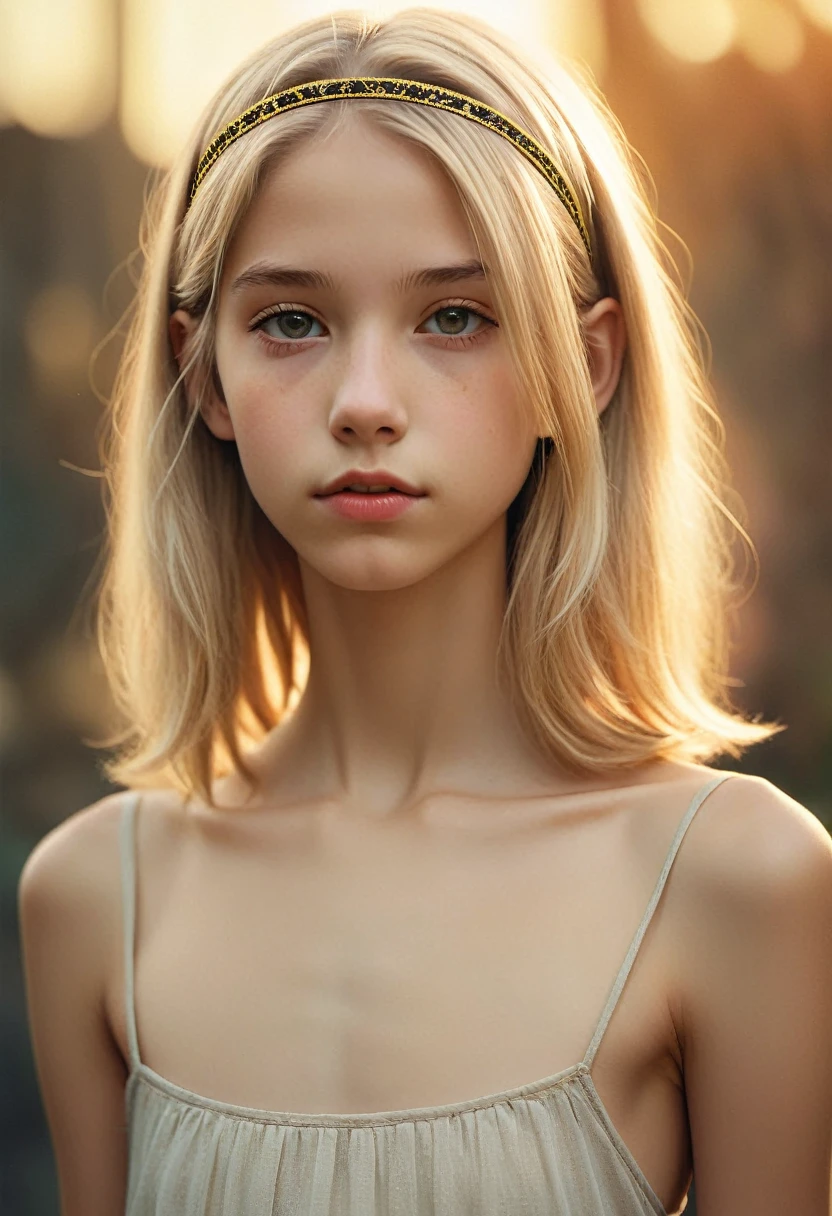 (Cinematic photo:1.3) From (Thigh-length photos:1.3),(skinny:1.3) Beautiful 12 year old girl, (complex blond hair), small firm breasts, NJHighly detailed texture кожи, realistic texture кожи, looks straight into the camera, (looks at the viewer) ), pout, , Shine, Dramatic, Dreamy,, elegant, strange, gentle, Highly detailed, difficult, UHD Digital Photography, , skinny shoulders, Photo to the knees , beautiful young girl, big, Beautiful body, highly detailed full-length shot, Dreamy, , strange, gentle, detailed hair band, Highly detailed texture, realistic texture, digital painting, highly detailed photo, (art deco: 1 .хFromоралFromм:1.3),(Classic realotm:1.3),(Fujifilm Superia:1.3),, golden hour light,