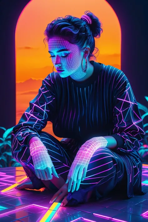 a beautiful detailed girl in a dreamlike vaporwave landscape, colorful neon lights, glowing futuristic elements, intricate geome...