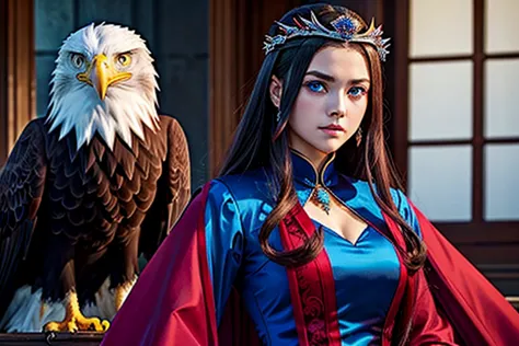 empress of the demon world、young and beautiful、((a gorgeous blue and crimson outfit))、sharp eyes、blue eyes、((the eagle&#39;s win...