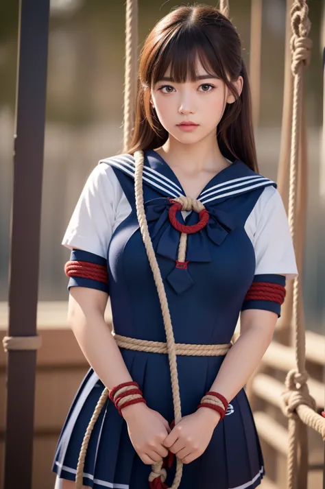 sailor uniform, bound, (highly detailed cg unity 8k), (highest quality)，(very detailed)，(ultra-high resolution), 1 female, unifo...