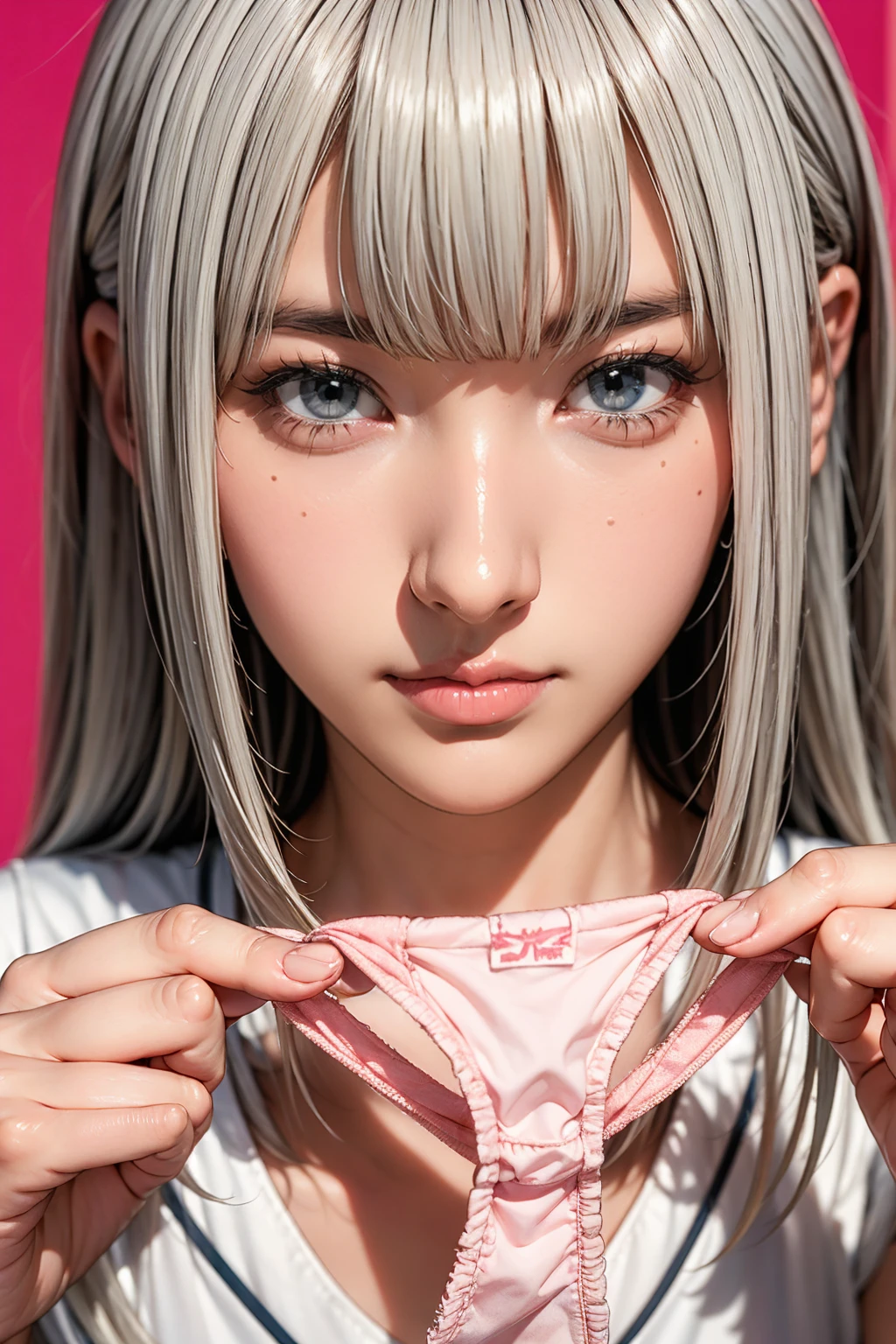 Very large vivid pink panties、White Hair、Random hairstyle、Face is close、Close face、Panties in front、Showing panties、Very big panties、Pretty big panties