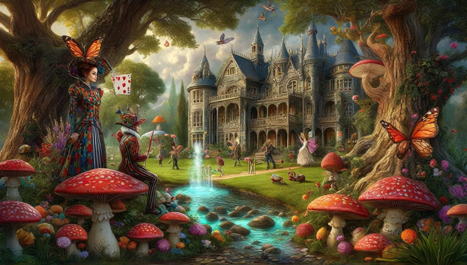 a painting of a fairy castle with a stream running through it, michael cheval (unreal engine, fantasy victorian art, welcome to wonderland, whimsical fantasy landscape art, high detailed official artwork, surreal and fantasy art, inspired by Michael Cheval, fairytale artwork, in wonderland, like alice in wonderland, rob mcnaughton, magical realism style, magic fantasy highly detailed