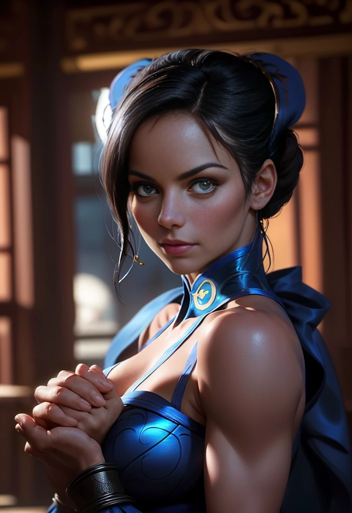 Kristin Kreuk as (((Chun-Li Street fighter:1.05))), in a chinese temple, (((nice hands))), (((perfect hands))), ((Very defined face)), (((((gazing at viewer))))), (((((centred))))), (((head in the photo))), {(((((full-body-shot:0.9)))))}