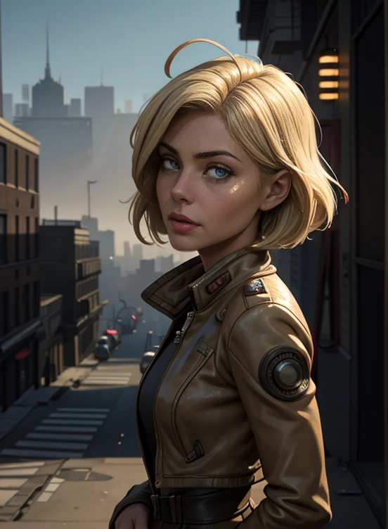 RAW photo of 50 years old Doutzen Kroes (short blond hair, bob cut) wear dirty jacket,  mature woman, masterpiece, best quality, (photorealistic:1.4), Create dystopian masterpieces. Depict the cityscape in the gritty style of the game's concept art. This work should evoke a sense of abandonment and despair in a futuristic, post-apocalyptic world. Notice the intricacies of detail, the sharp focus.