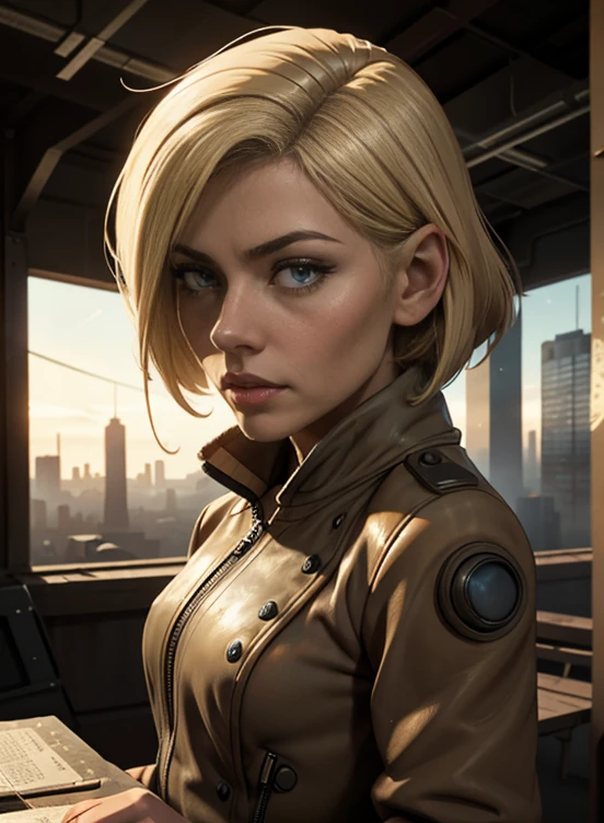 RAW photo of 50 years old Doutzen Kroes (short blond hair, bob cut) wear dirty jacket,  mature woman, masterpiece, best quality, (photorealistic:1.4), Create dystopian masterpieces. Depict the cityscape in the gritty style of the game's concept art. This work should evoke a sense of abandonment and despair in a futuristic, post-apocalyptic world. Notice the intricacies of detail, the sharp focus.