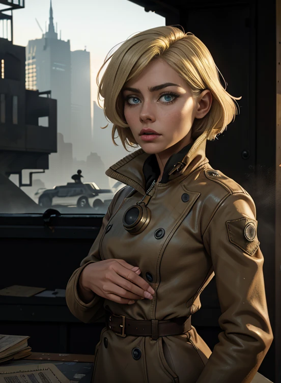 RAW photo of 50 years old Doutzen Kroes (short blond hair, bob cut) wear dirty jacket,  mature woman, masterpiece, best quality, (photorealistic:1.4), Create dystopian masterpieces. Depict the cityscape in the gritty style of the game's concept art. This work should evoke a sense of abandonment and despair in a futuristic, post-apocalyptic world. Notice the intricacies of detail, the sharp focus.