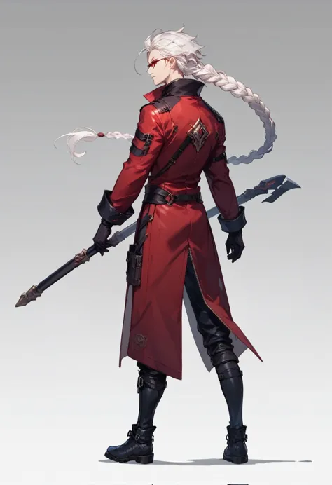 ((concept art )),human male  ,clear skin , round red glasses , white hair,long braided ,zip red coat  , black gloves  , black bo...