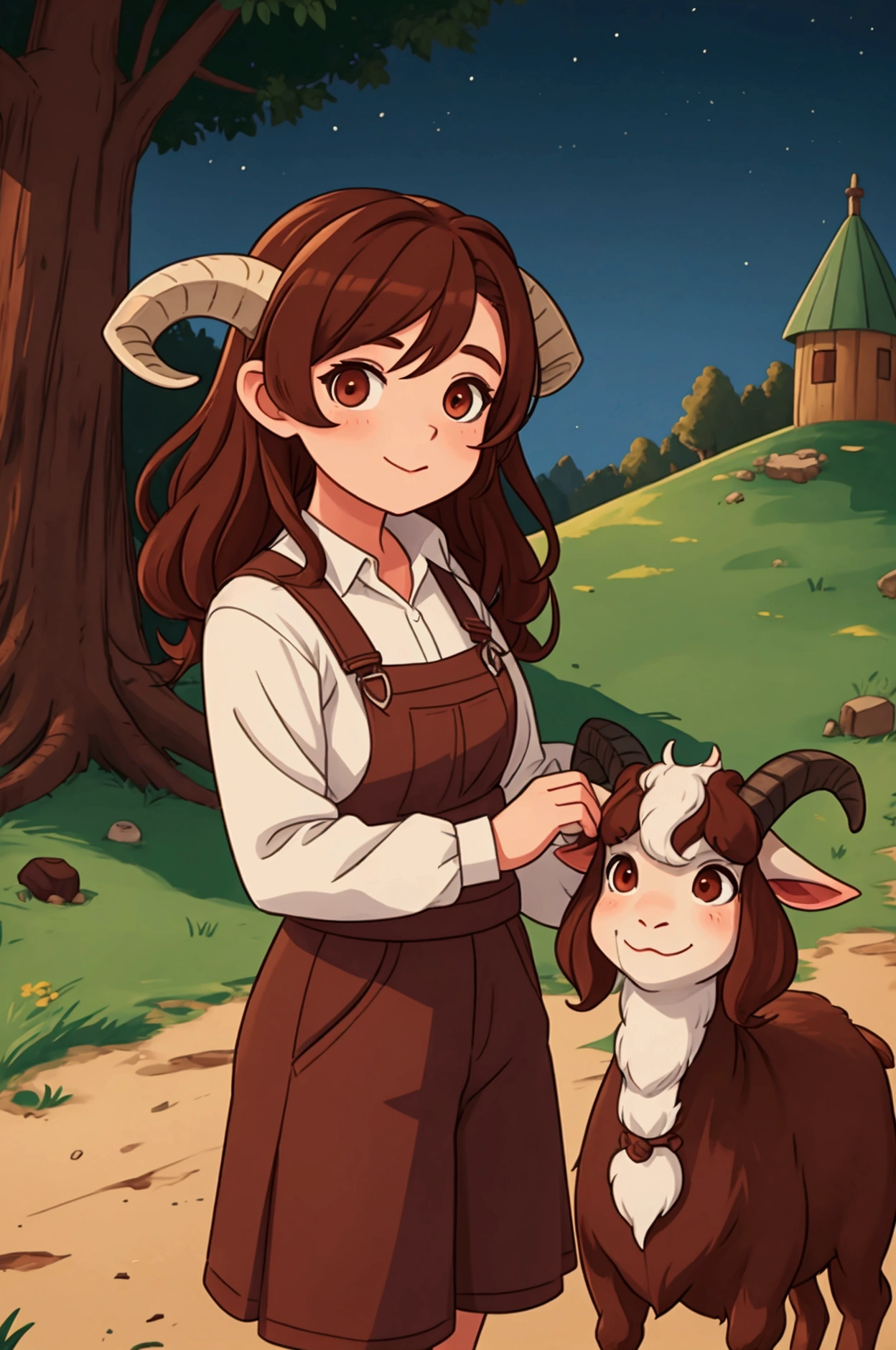 A farmer demon girl with brown hair and two goat horns 