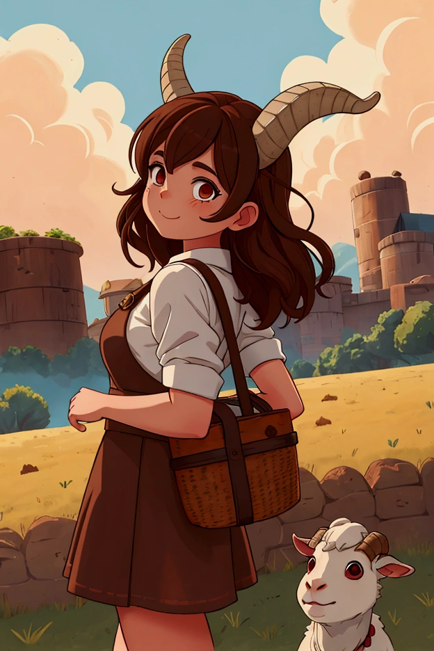 A farmer demon girl with brown hair and two goat horns 