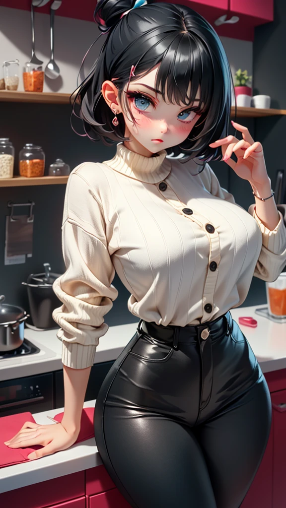 other mother, no eyes, blind, eyes buttons,high resolution, other mother, button eyes, scary, sweater, short black hair, tight pants, buttons, pose, jewelry, busty, huge bulging glutes, huge ass, looking at viewer, thick thighs, wide hips, slim waist, (short legs), pale skin, in a kitchen, shadows, colorful, high saturation, high contrast, score_9, score_8_up, score_7_up,