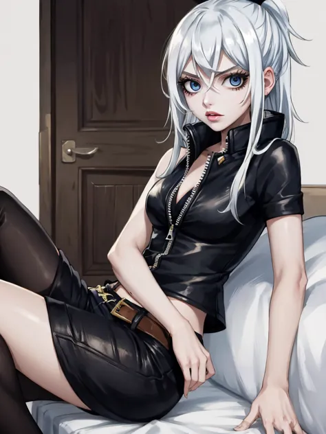 lucy heartfilia, blackquality hair, white skin covered in white makeup, punk clothes