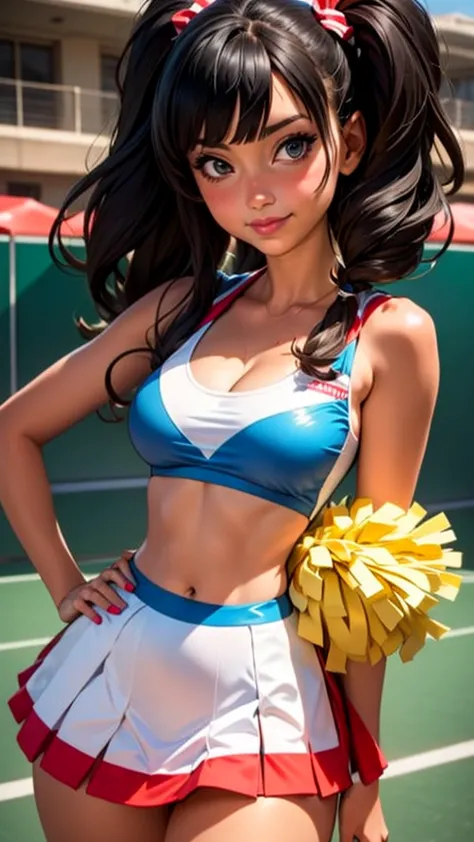 japanese high school girl, kiddy,neon colored cheerleader cosplay,sleeveless,  (smile:0.7), suggestive,(hair black   hair:1), cl...