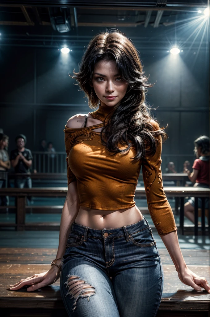 (masterpiece, best quality:1.2), cowboy shot, solo, 1girl, cinder fall, evil smile, looking at viewer, long hair, t-shirt, jeans, future_urban, sitting in dance club, crowd, (volumetric lighting), sharp focus, hyper detailed 