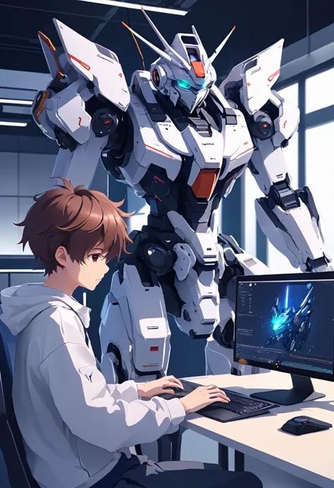 student programing on computer and a mecha next to him