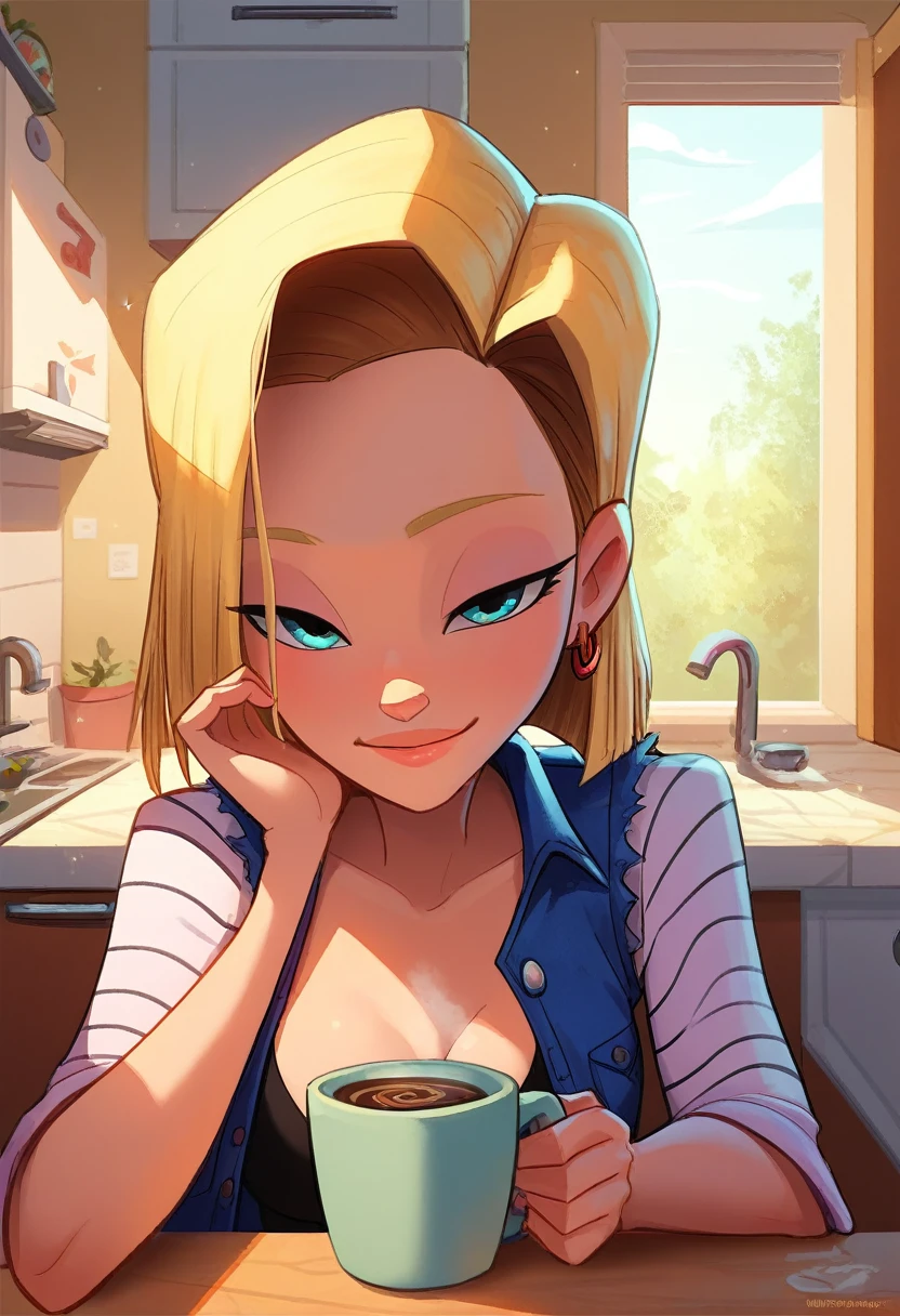 Jabstyle, android 18, pov, home kitchen, loving expression, offering coffee to viewer, early morning, shadows, romantic, sparkles, alluring, lewd