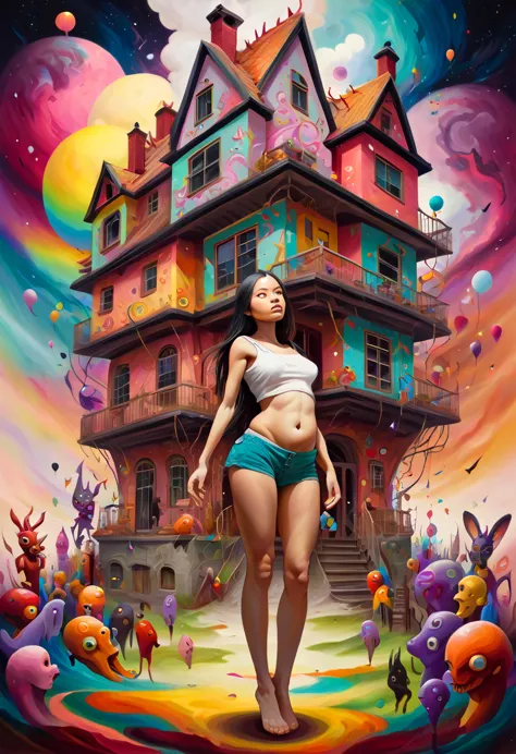 vibrant surrealism in the style of tony sandoval, a stunning girl amidst an enormous house filled with fantastical and colorful ...