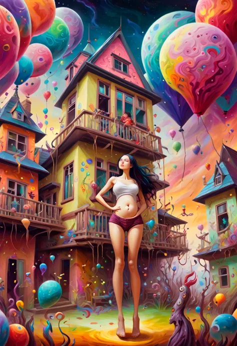 vibrant surrealism in the style of tony sandoval, a stunning girl amidst an enormous house filled with fantastical and colorful ...