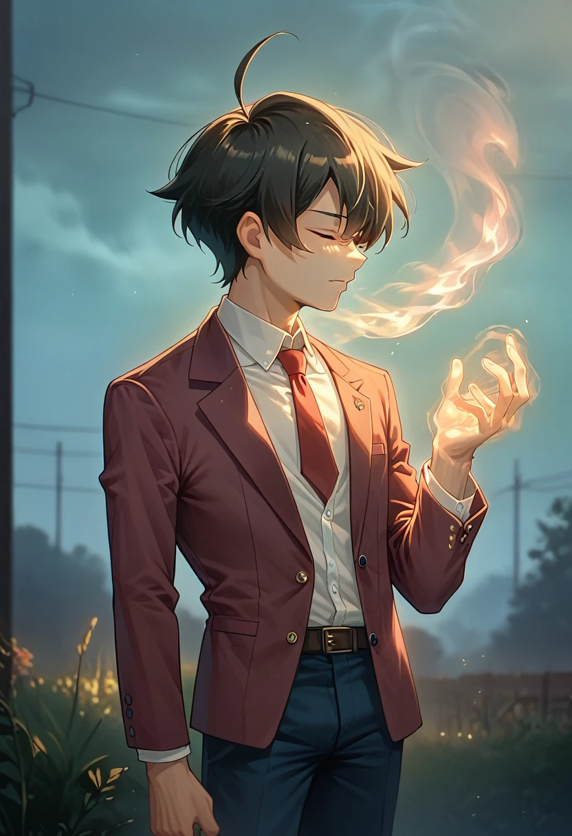 score_9, score_8_up, score_7_up, 1boy, solo, male focus, sakuTomo, black hair, short hair, ahoge, maroon blazer, unbuttoned blazer, long sleeves, red necktie, white shirt, dark blue pants, standing, inexpressive, light-of-anzhu, aura of light, light around, blinding light, closed eyes, bedroom